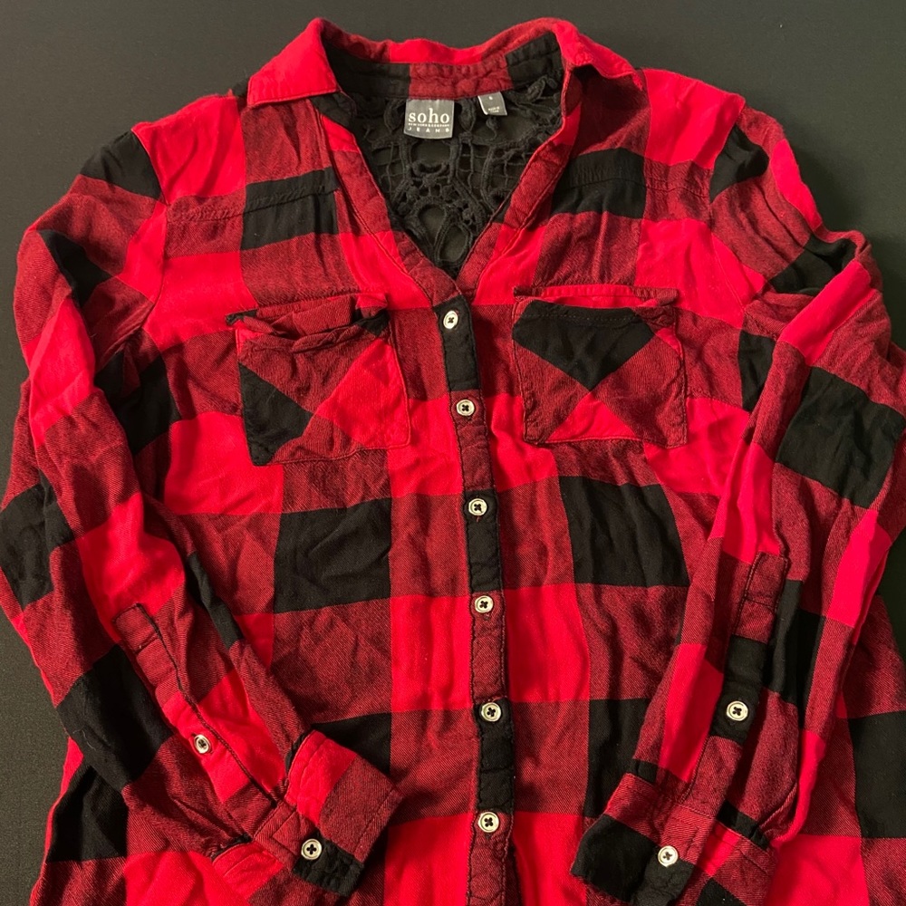 Soho Soft Red and Black Button Up Shirt